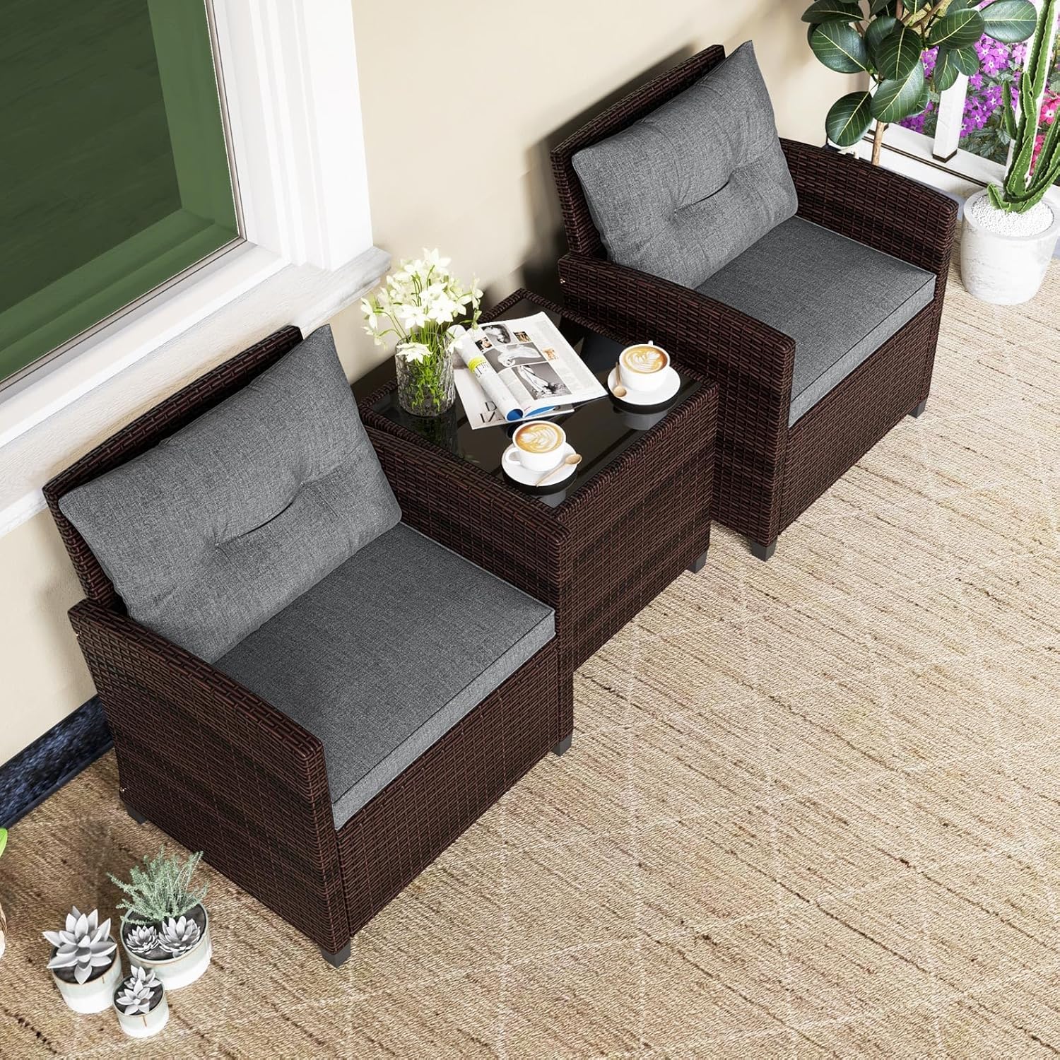 Tangkula 3 Pieces Patio Furniture Set, PE Rattan Wicker 3 Pcs Outdoor Sofa Set w/Washable Cushion and Tempered Glass Tabletop, Conversation Furniture for Garden Poolside Balcony (Grey)