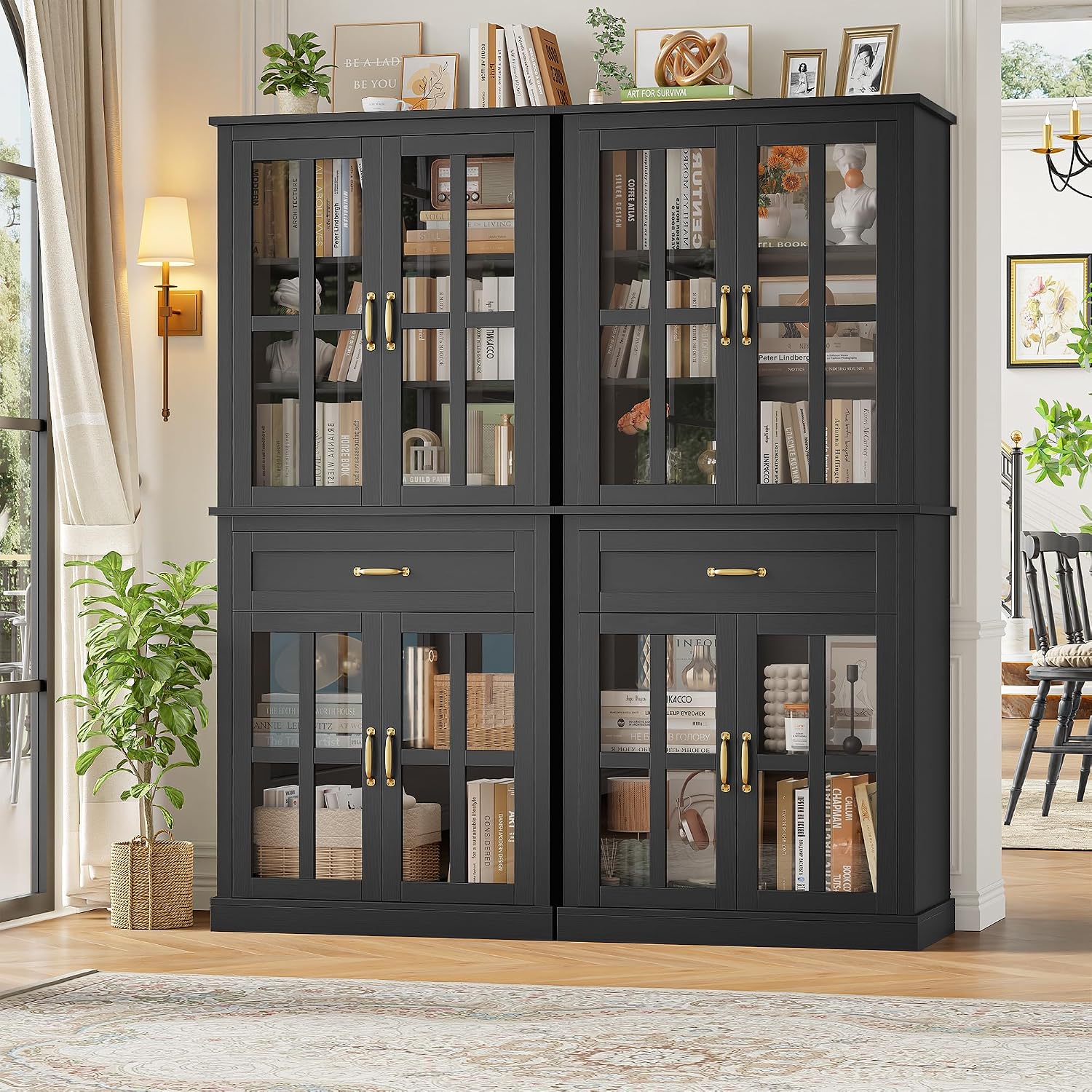 FOTOSOK 71'' Tall Kitchen Cabinet with Glass Doors and Drawer, Freestanding Food Pantry with Adjustable Shelves for Dining Living Room, Black