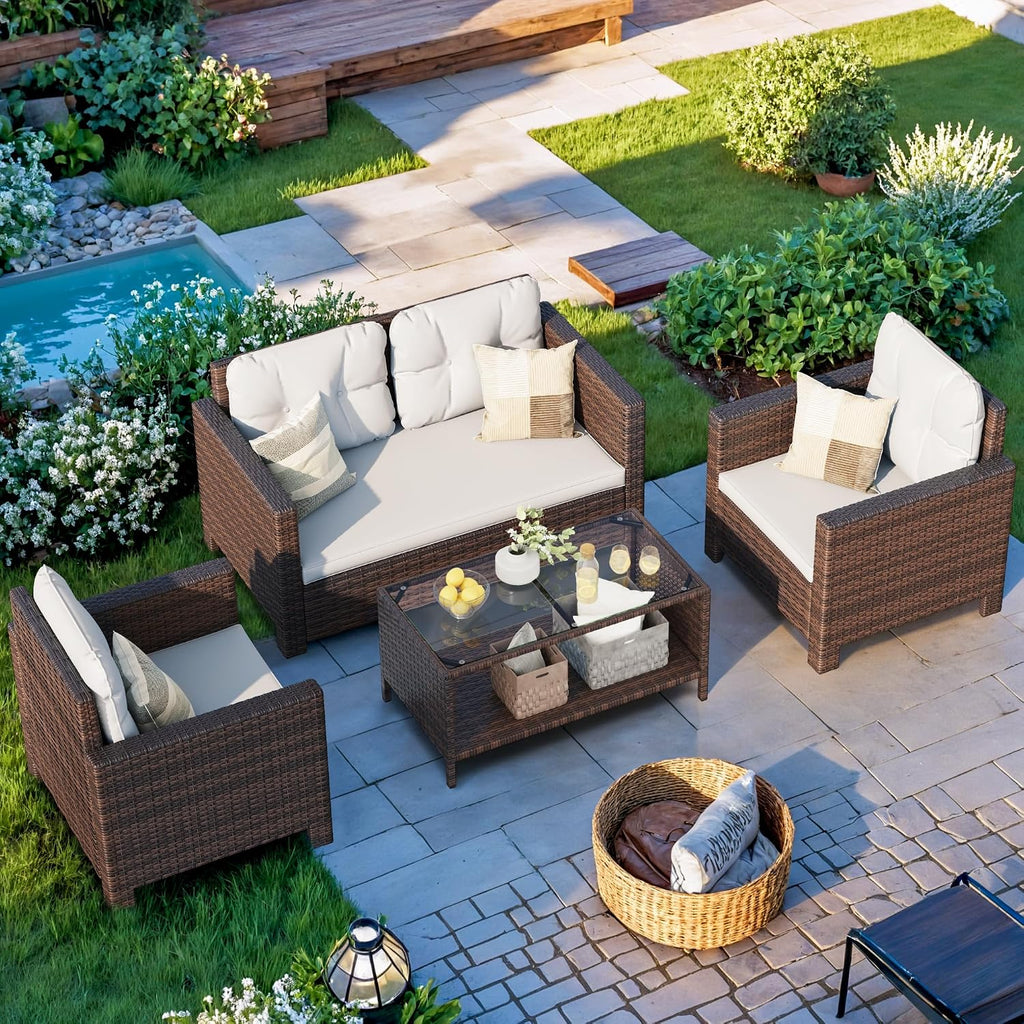 Homall 4 Pieces Patio Furniture Sets Rattan Chair Wicker Conversation Sofa Set, Outdoor Indoor Backyard Porch Garden Poolside Balcony Use (Beige)