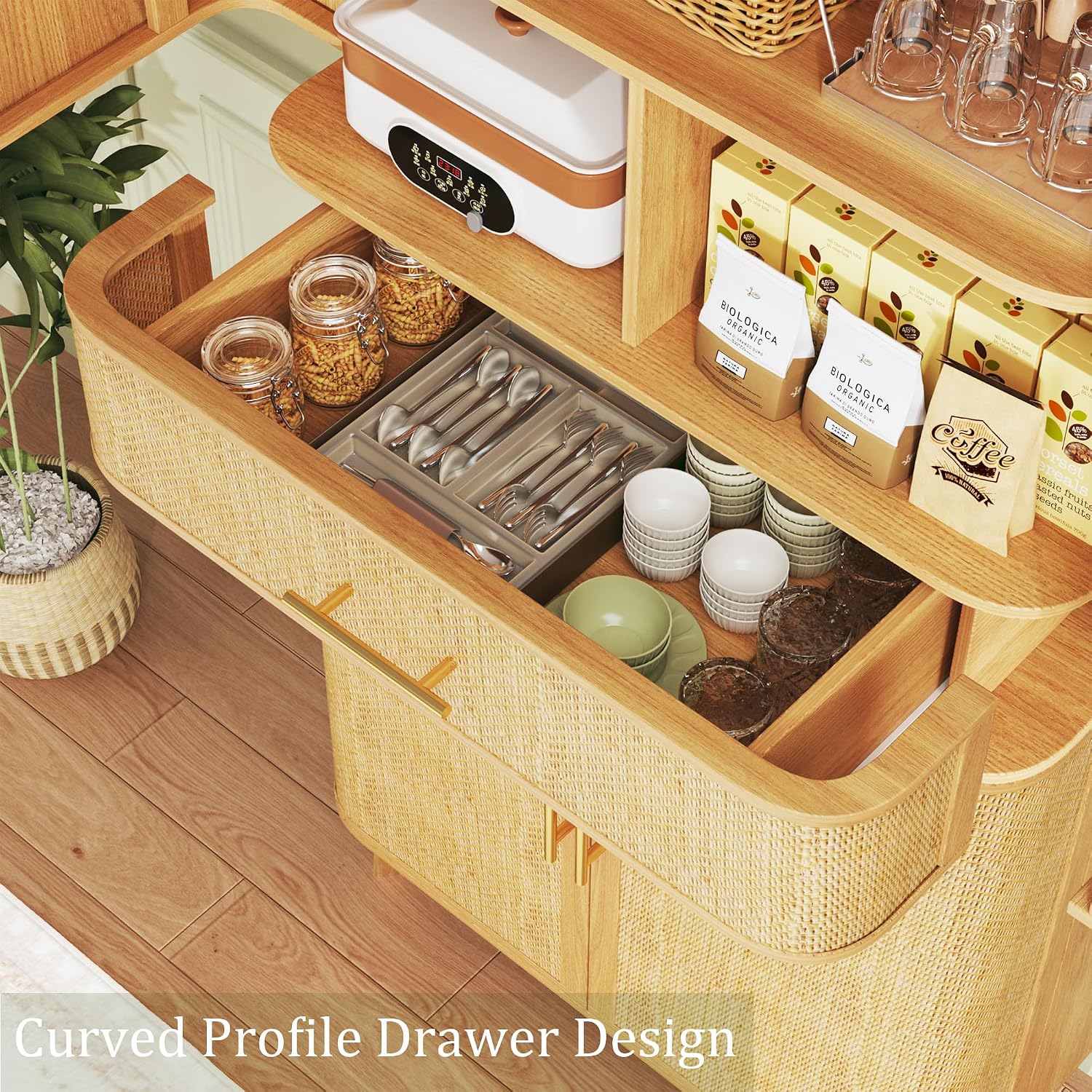 HUAHUU 71' Tall Pantry Cabinet, Kitchen Pantry Storage Cabinets with 4 Rattan Doors & Large Drawer, Modern Curved Storage Cabinet with 10 Storage Compartments for Dining Room, Living Room, Natural