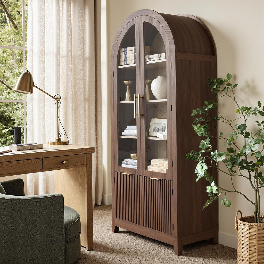 win2win Tall Arched Cabinet with Glass Doors, 69' Pantry Storage Cabinets with Fluted Doors & Adjustable Shelves, Mid Century Modern Wood Display Bookcase for Kitchen, Living Room, Bathroom, Walnut