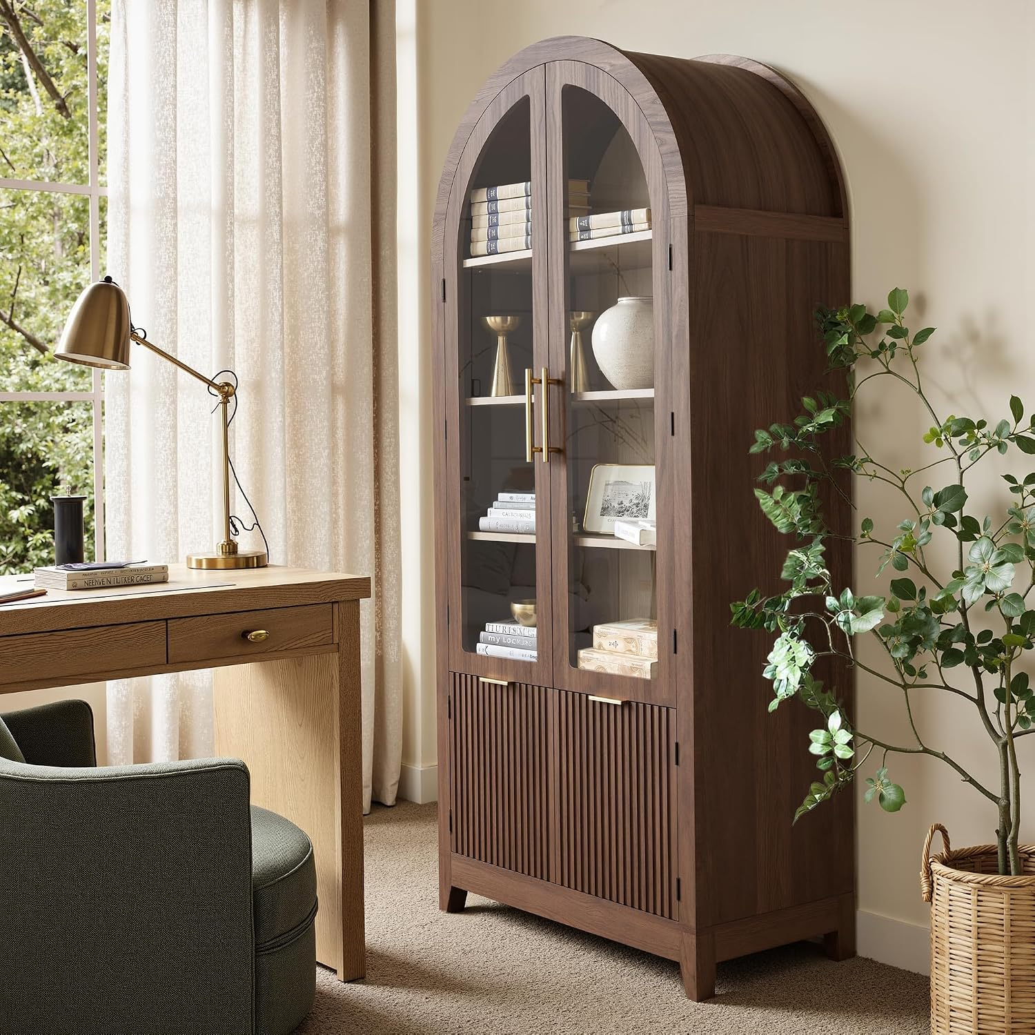 win2win Tall Arched Cabinet with Glass Doors, 69' Pantry Storage Cabinets with Fluted Doors & Adjustable Shelves, Mid Century Modern Wood Display Bookcase for Kitchen, Living Room, Bathroom, Walnut