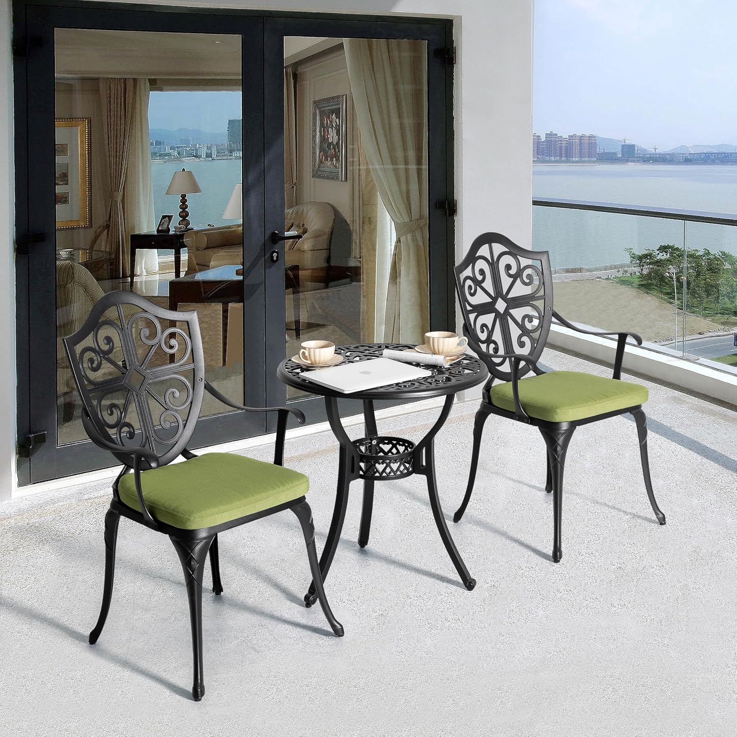 NUU GARDEN Outdoor 3-Piece Bistro Set with Cushions, Round 24 Inch Cast Aluminum Bistro Table with 2.17' Umbrella Hole, 2 Cast Aluminum Bistro Chairs, for Patio, Garden, Backyard and Balcony, Black
