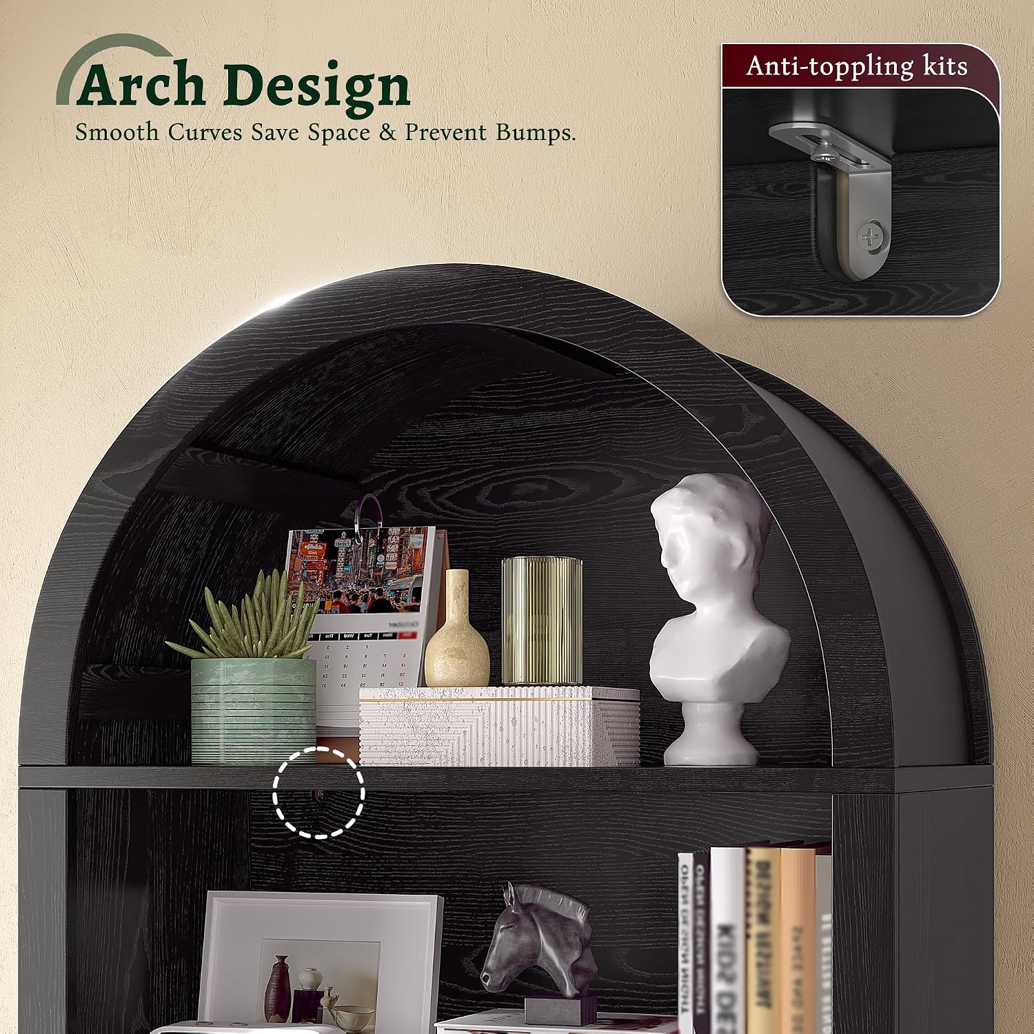 DurayLoly Book Shelf Arched Cabinet, 5-Tier Arched Bookcase with Doors and Adjustable Wood Shelves, Wooden Storage Cabinet with Open Display Shelf for Office,Living Room, Kitchen, Black