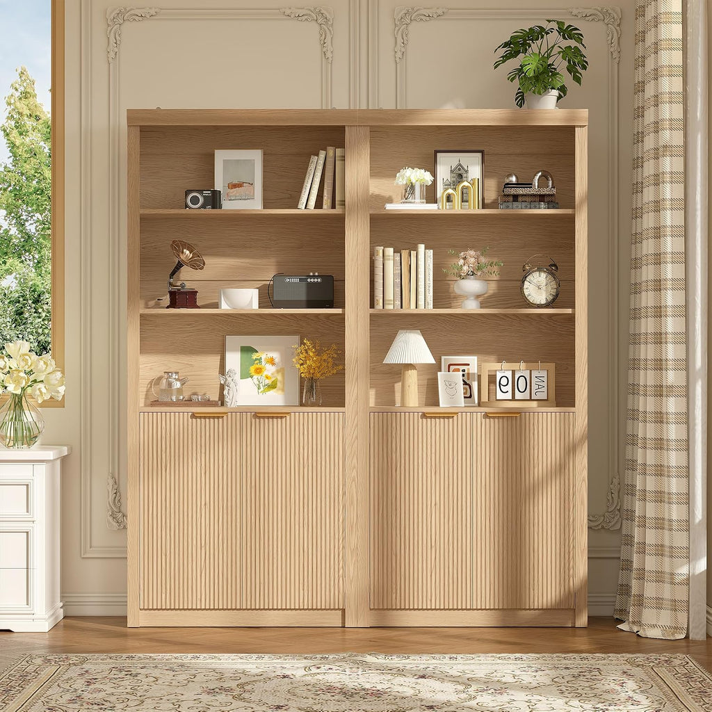 GarveeHome Tall Book Shelf and Bookcase, 31.5' Wide Wooden Bookcase with Doors, Farmhouse Book Case with Large Storage, 5-Shelf Bookcases with Adjustable top Shelve for Home Office, Living Room,Oak