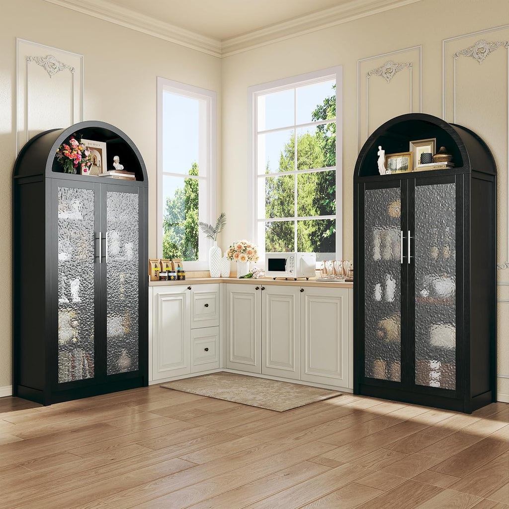 HUAHUU 71' Tall Arched Cabinet with 3 Color Lights, Kitchen Pantry Storage Cabinet with Glass Doors & Adjustable Shelves, Modern 6-Tier Display Cabinets for Living Room, Dining Room, Black