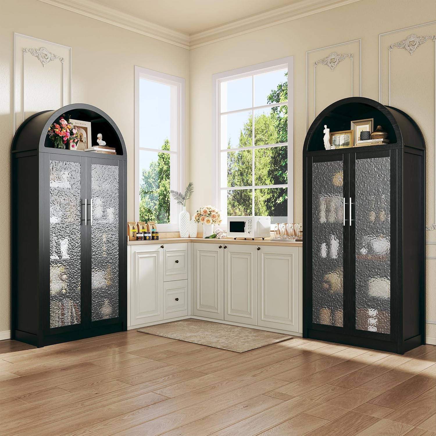 HUAHUU 71' Tall Arched Cabinet with 3 Color Lights, Kitchen Pantry Storage Cabinet with Glass Doors & Adjustable Shelves, Modern 6-Tier Display Cabinets for Living Room, Dining Room, Black