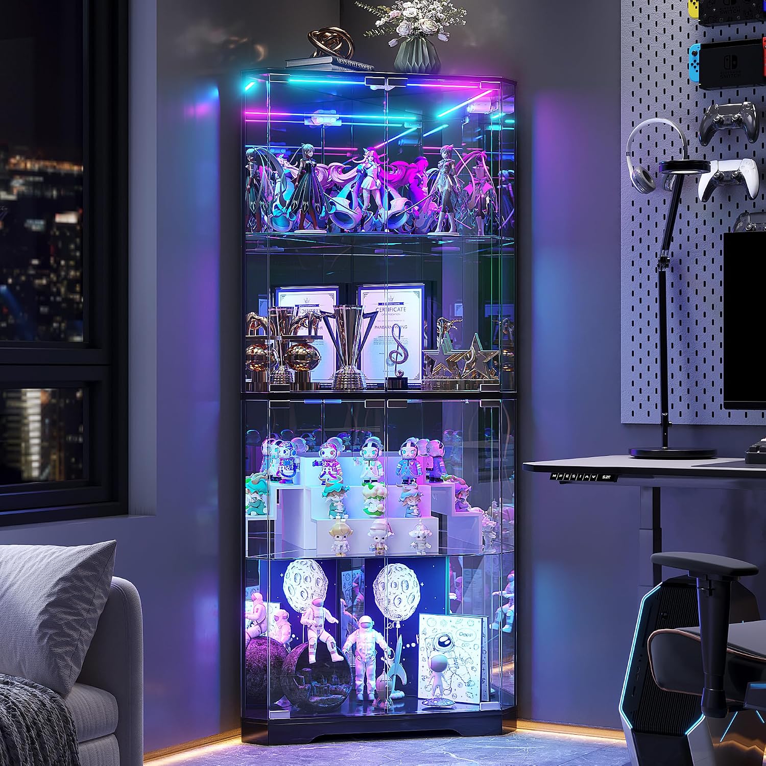 TAGELIER Corner Display Cabinet with Glass Doors, 64.7' Tall Curio Cabinet with RGB Lights for Collectibles, 4-Tier Showcase Display Case with Human Sensor for Toys, Books, Black