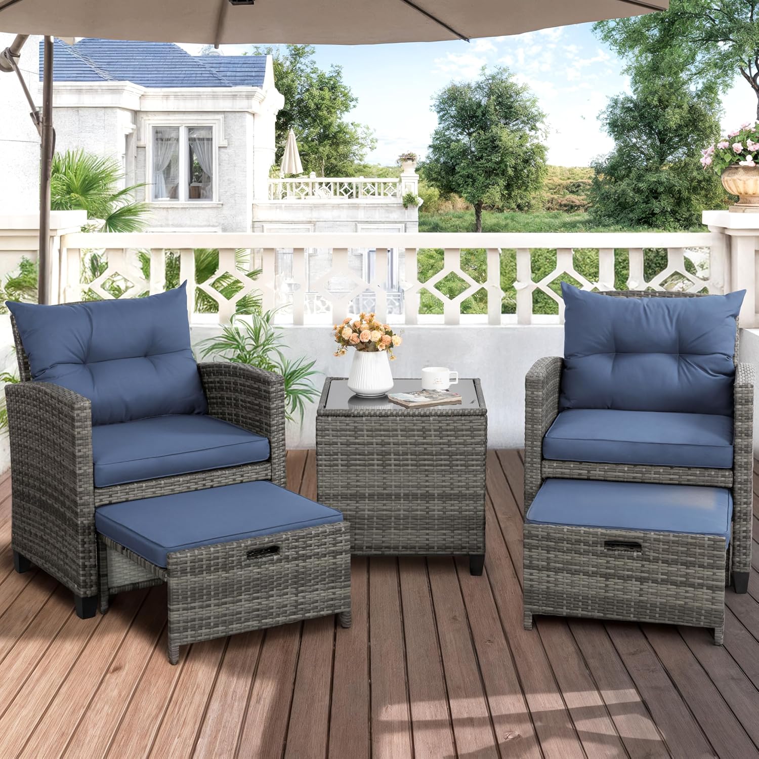 Shintenchi 5 Pieces Patio Furniture Set, Outdoor Wicker Patio Conversation Set with Ottoman, All Weather Rattan Outside Chairs with Coffee Table & Cushion for Porch, Garden, Backyard, Navy
