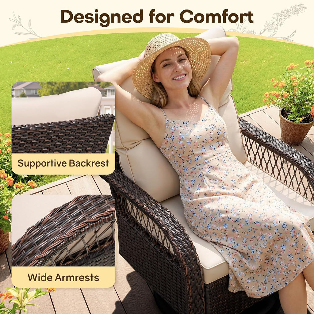 Devoko Patio Furniture Set Outdoor 3 Pieces Wicker Swivel Rocking Chairs Set of 2 with Coffee Table, Patio Conversation Set for Porch, Balcony, Deck, Garden (Brown)