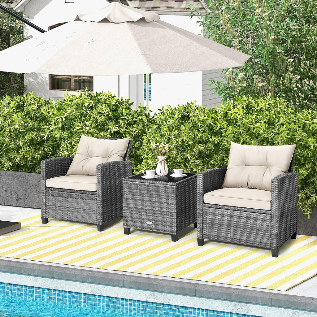 Tangkula 3 Pieces Patio Furniture Set, PE Rattan Wicker 3 Pcs Outdoor Sofa Set w/Washable Cushion and Tempered Glass Tabletop, Conversation Furniture for Garden Poolside Balcony (Mix Grey-White)
