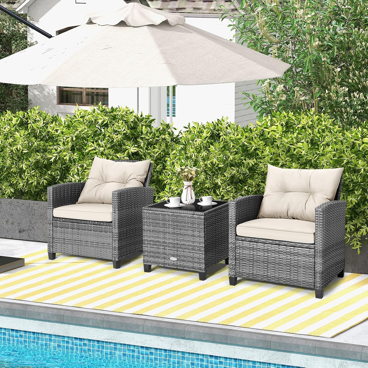 Tangkula 3 Pieces Patio Furniture Set, PE Rattan Wicker 3 Pcs Outdoor Sofa Set w/Washable Cushion and Tempered Glass Tabletop, Conversation Furniture for Garden Poolside Balcony (Mix Grey-White)
