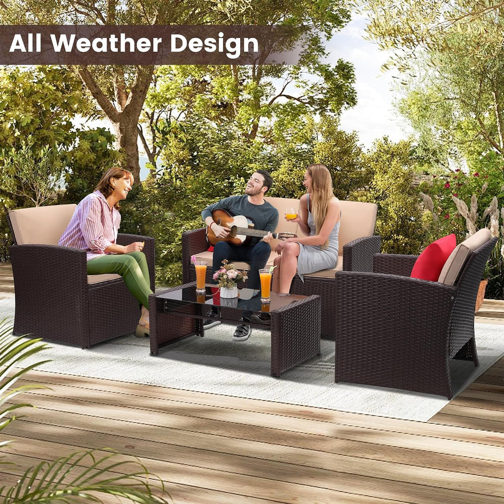 KROFEM 4-Piece Patio Furniture Set, Wicker Outdoor Rattan Sectional Sofa with Cushions and Glass Table, All-Weather Outdoor Conversation Set for Garden, Porch, Backyard, Patio, Beige