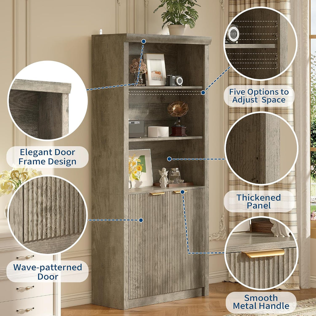 GarveeHome Tall Book Shelf and Bookcase, 31.5' Wide Wooden Bookcase with Doors, Farmhouse Book Case with Large Storage, 5-Shelf Bookcases with Adjustable top Shelve for Home Office, Living Room,Grey