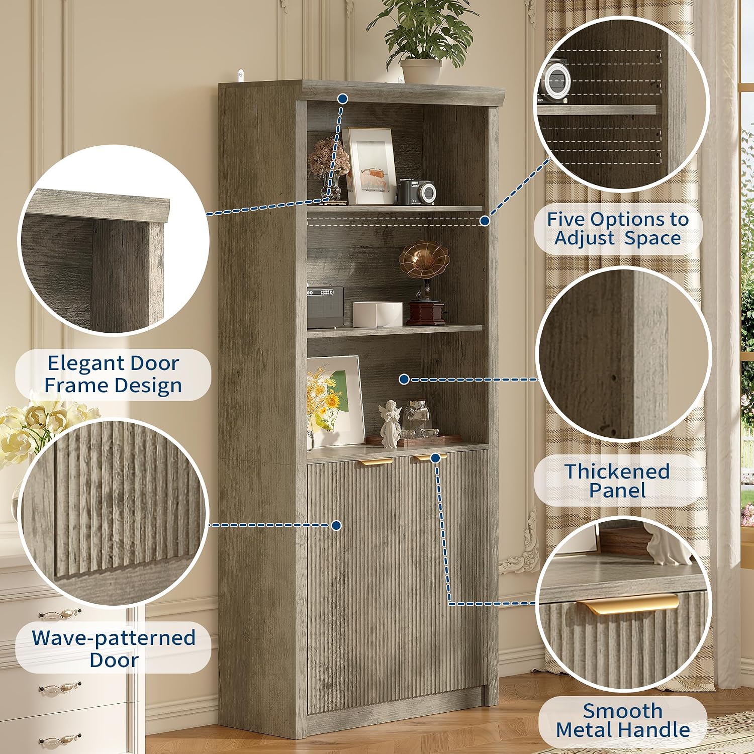 GarveeHome Tall Book Shelf and Bookcase, 31.5' Wide Wooden Bookcase with Doors, Farmhouse Book Case with Large Storage, 5-Shelf Bookcases with Adjustable top Shelve for Home Office, Living Room,Grey
