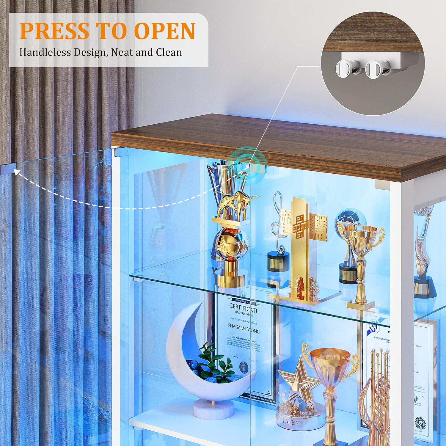 FREDEES Display Cabinet with Glass Doors,67' Adjustable Display Shelf with 2 Drawers and 4 Tier Curio Cabinet,Tall Bookcase with 3 Color Lights and Human Body Sensor for Toys,Books（White）