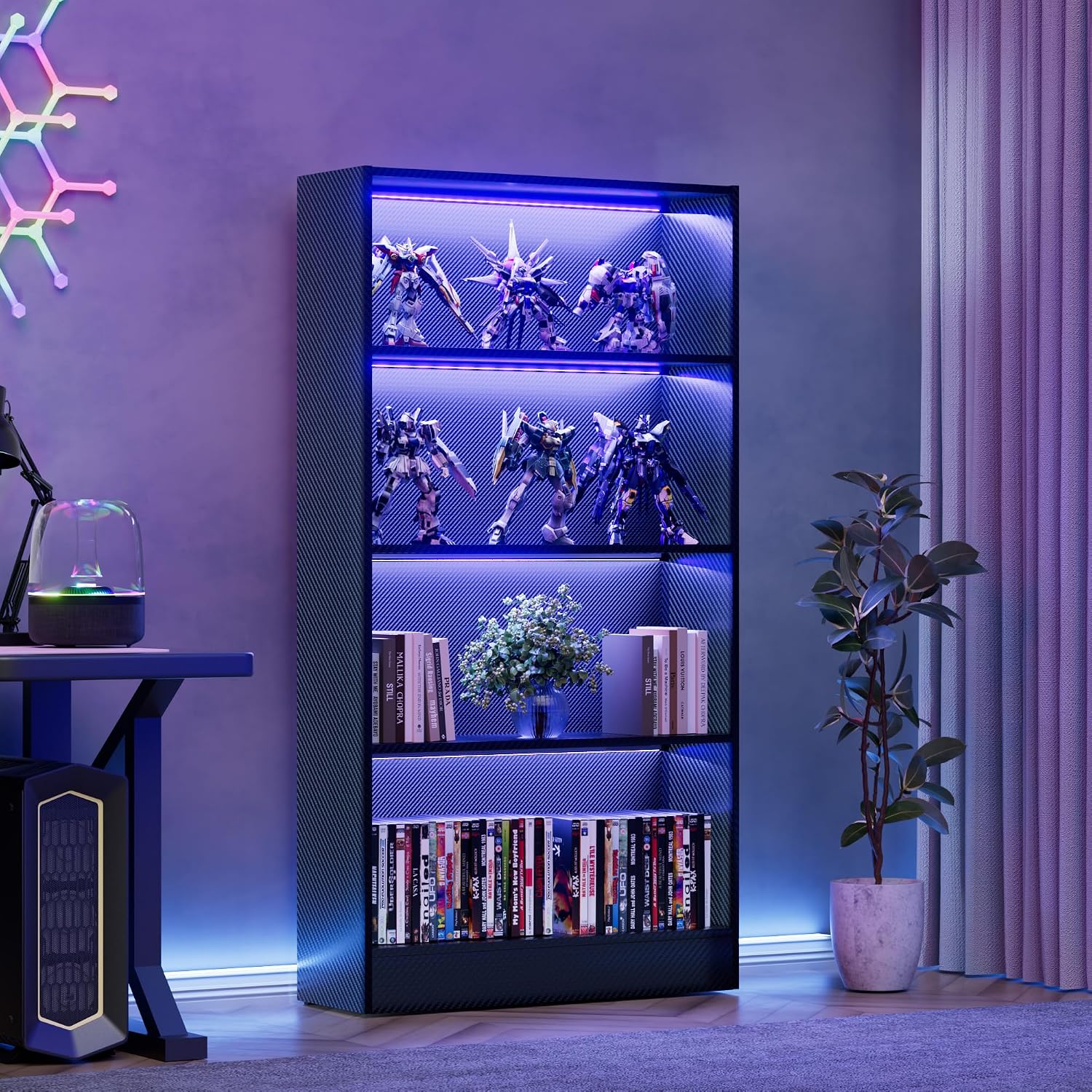 CODACE Tall Wooden Black Bookshelf - Display Shelf with LED Lights, Lighted Book Shelf with 4-Tier Shelves,Large Display Bookshelves for Collectibles, Modern Bookcase for Bedroom, Living Room, Office