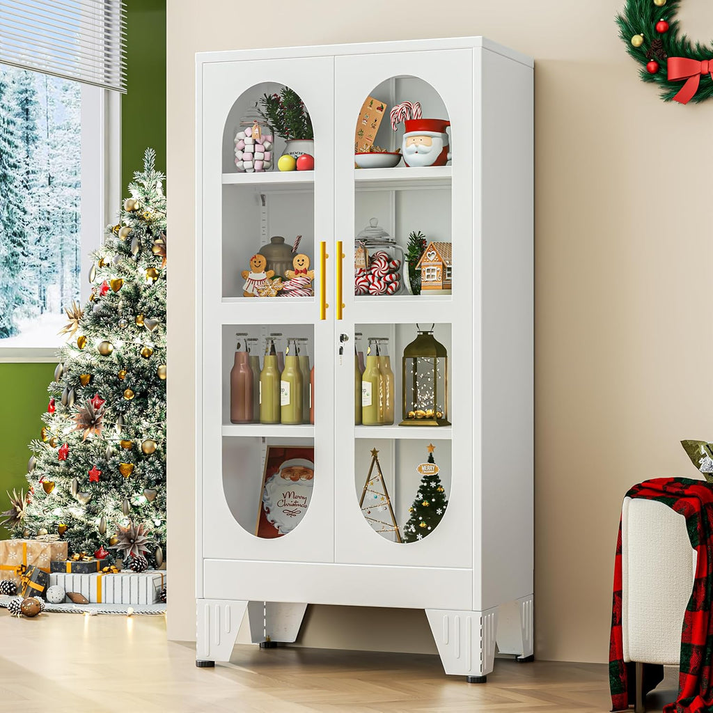GAIOUS 47' Tall Metal Curio Cabinet, Display Storage Cabinet with Glass Door, 4 Tier Liquor Cabinet with 3 Adjustable Shelves, Locking Glass Display Case for Collectibles, Showcase Cabinets, White