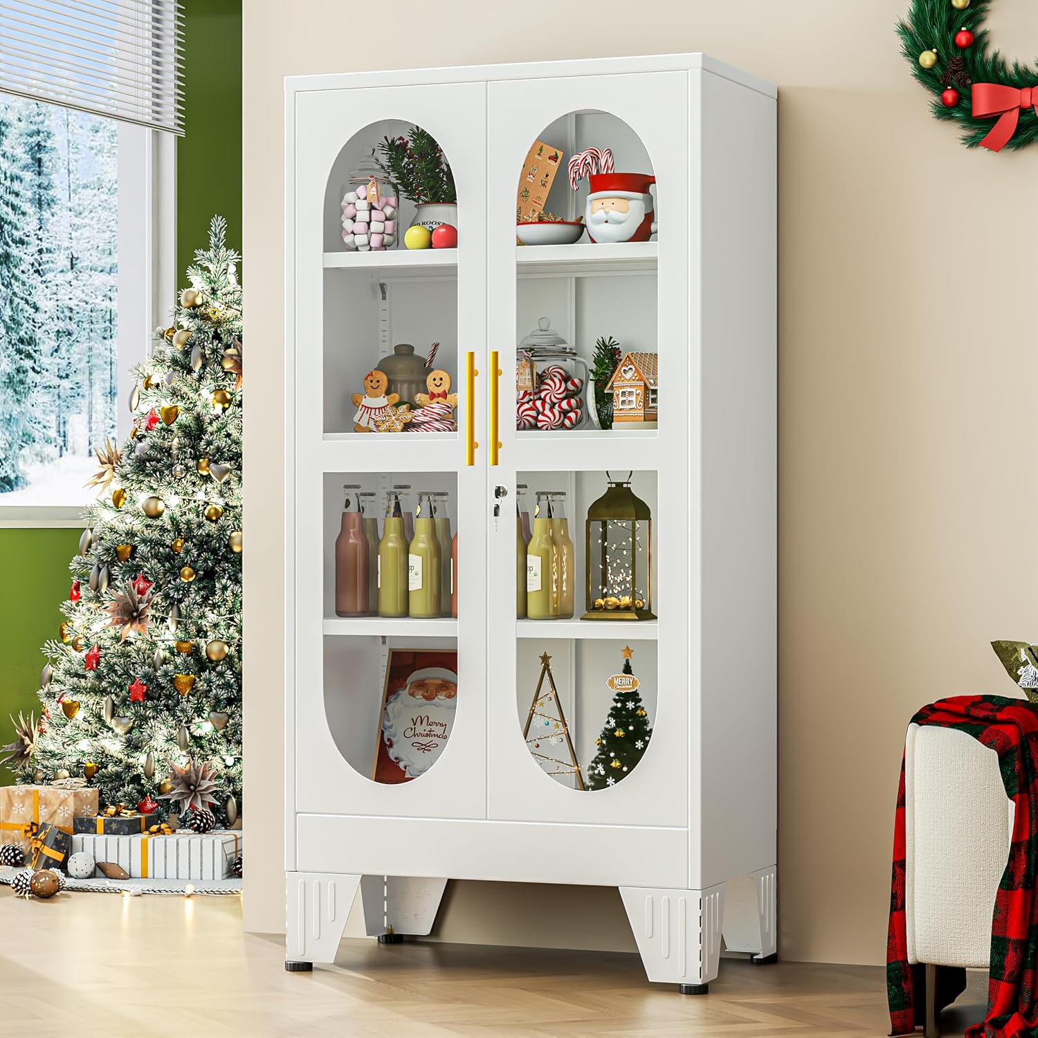 GAIOUS 47' Tall Metal Curio Cabinet, Display Storage Cabinet with Glass Door, 4 Tier Liquor Cabinet with 3 Adjustable Shelves, Locking Glass Display Case for Collectibles, Showcase Cabinets, White