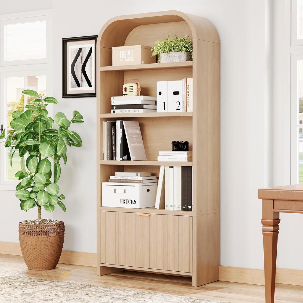 LEVNARY Arched Bookcase with Drawer, 70' Tall 5-Tier Bookshelf with Fluted Carved Drawer, Freestanding Display Storage Cabinet for Living Room Bedroom Home Office (Natural)