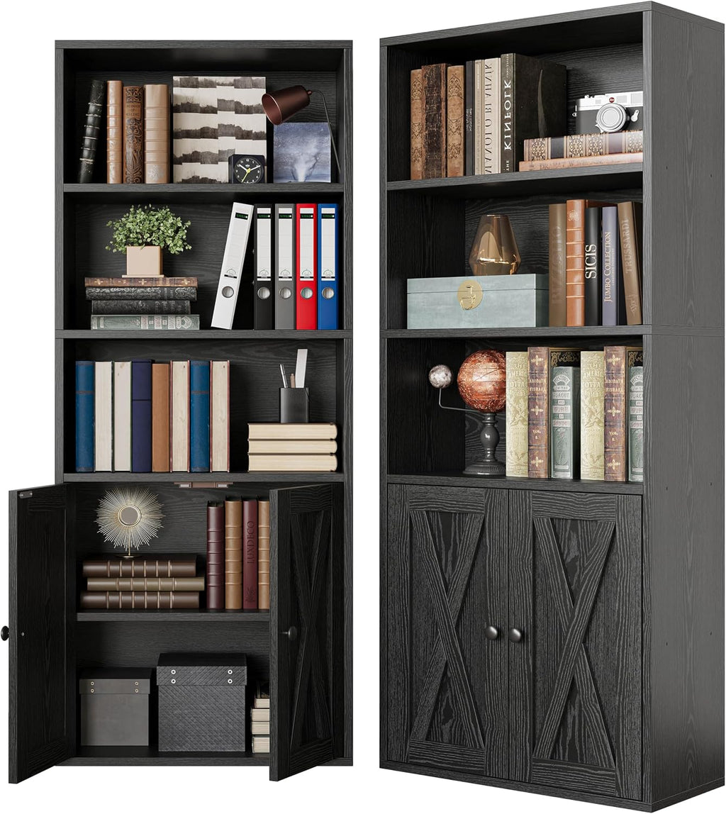 IRONCK Industrial Bookshelves and Bookcases with Doors 11.8 in Depth Set of 2 Floor Standing 5 Shelf Display Storage Shelves Bookcase Home Decor Furniture for Home, Office, Living Room, Bedroom