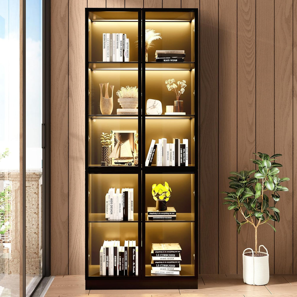 Wildhome Wooden Display Storage Cabinet with Glass Door, LED Lights,Showcase for Collections, Perfume, Vinyl Albums, Bookcase for Home Office, Living Room, Clinic, Pantry (5 Layers-Black)