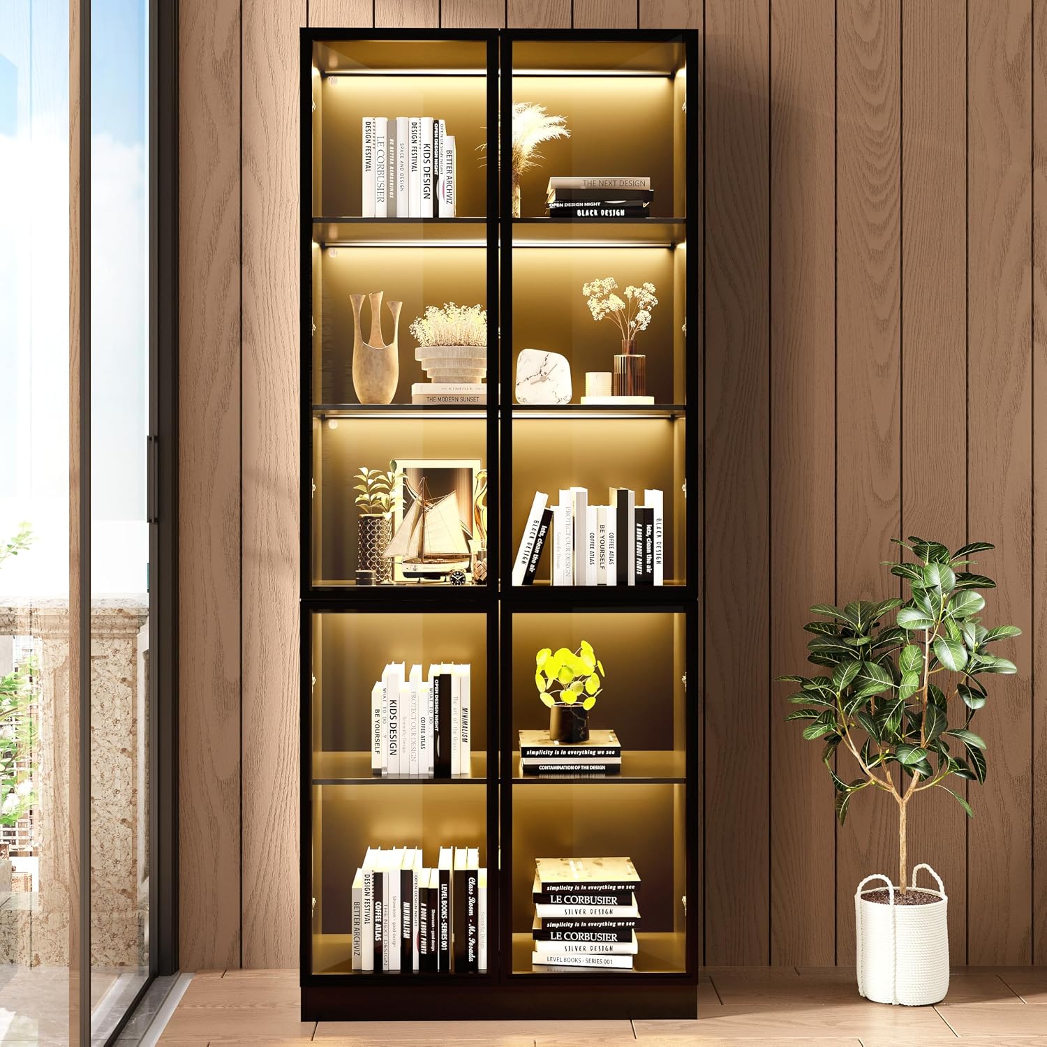Wildhome Wooden Display Storage Cabinet with Glass Door, LED Lights,Showcase for Collections, Perfume, Vinyl Albums, Bookcase for Home Office, Living Room, Clinic, Pantry (5 Layers-Black)