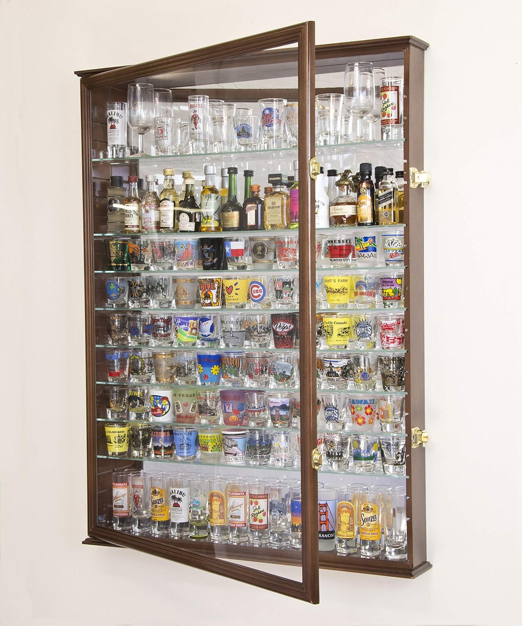 sfDisplay.com,LLC. XL Shot Glass Display Case Rack Holder Cabinet w/Mirror Backed and 11 Glass Shelves -Oak