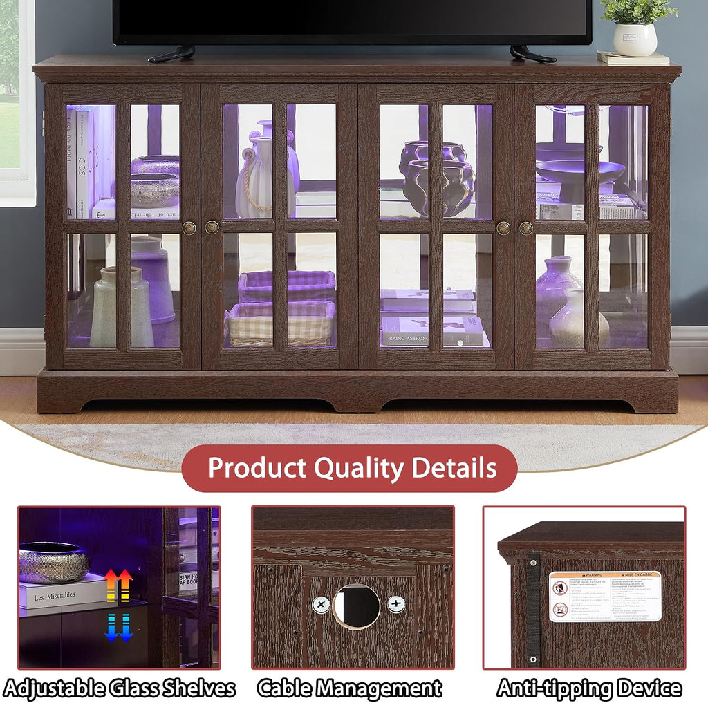 59' Glass Curio Display Storage Cabinet, 4 Doors LED Light Multipurpose Tableware Display Sideboard w/Mirrored Back Pane, Vintage Storage TV Stand for Living Room (Cherry)