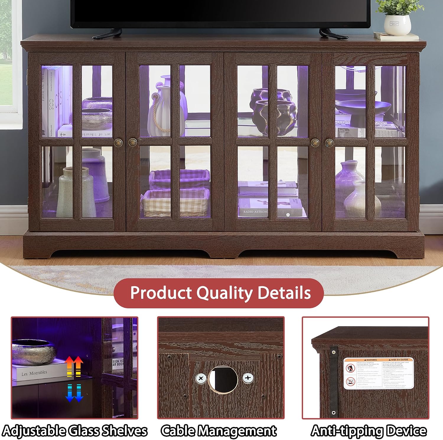 59' Glass Curio Display Storage Cabinet, 4 Doors LED Light Multipurpose Tableware Display Sideboard w/Mirrored Back Pane, Vintage Storage TV Stand for Living Room (Cherry)