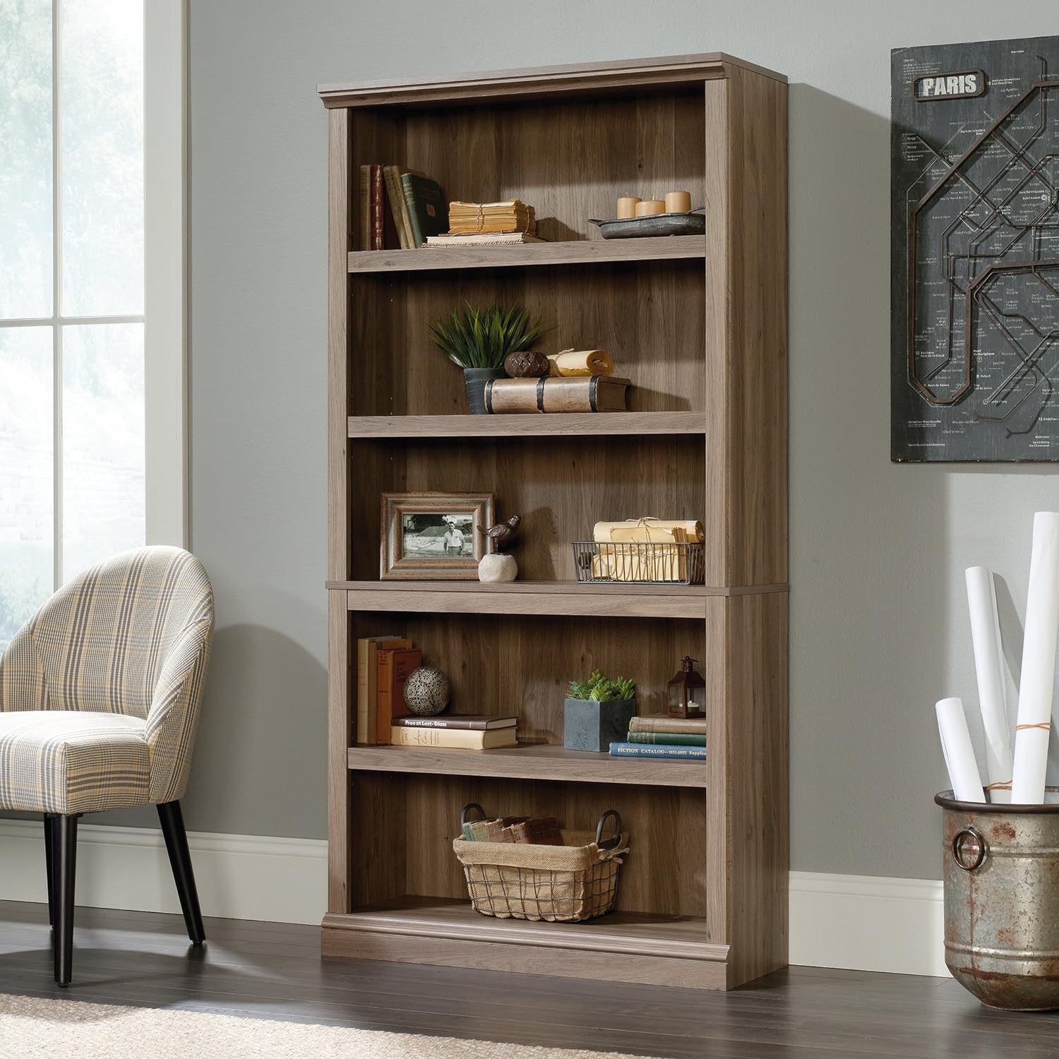 Sauder 5 Tier Book Shelf Wooden Bookcase Multipurpose Bookshelf for Home Office, Living Room, in Salt Oak finish