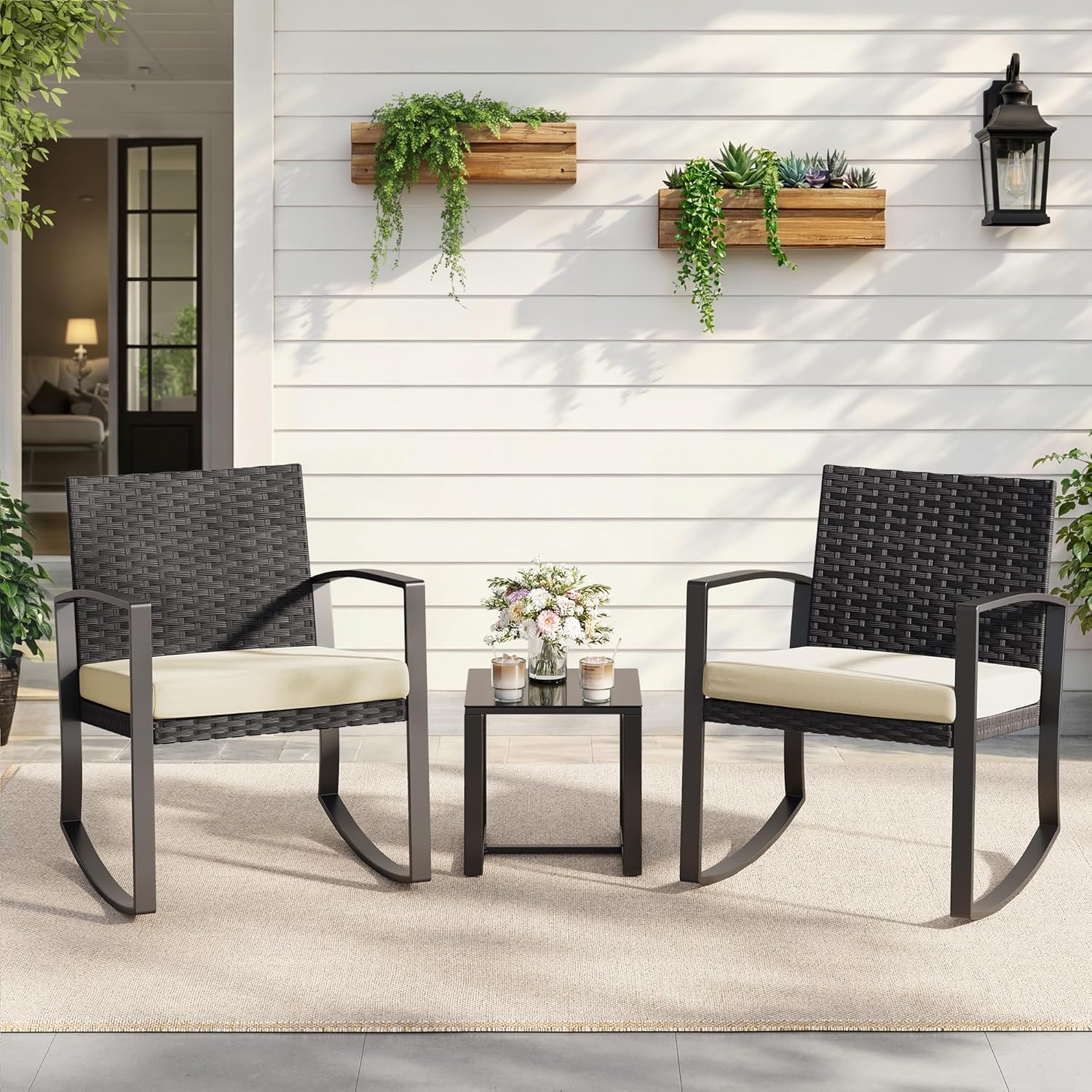 Qsun 3 Pieces Porch Furniture Set Patio Rocking Bistro Set Outdoor Patio Chairs Rattan Conversation Sets with Coffee Table for Front Porch Garden Balcony Backyard Poolside (Beige Cushion)