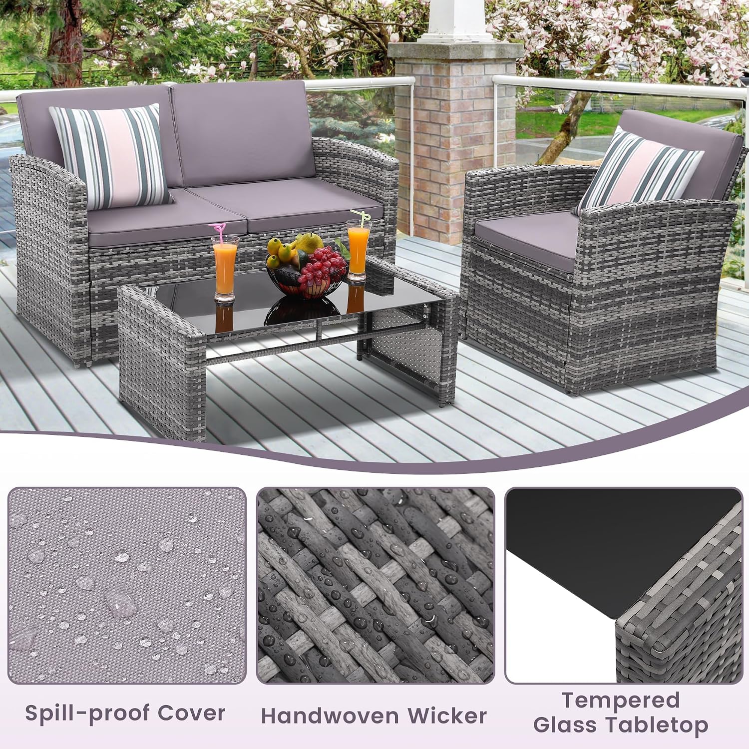 KROFEM 4-Piece Patio Furniture Set, Wicker Outdoor Rattan Sectional Sofa with Cushions and Glass Table, All-Weather Outdoor Conversation Set for Garden, Porch, Backyard, Patio, Light Grey