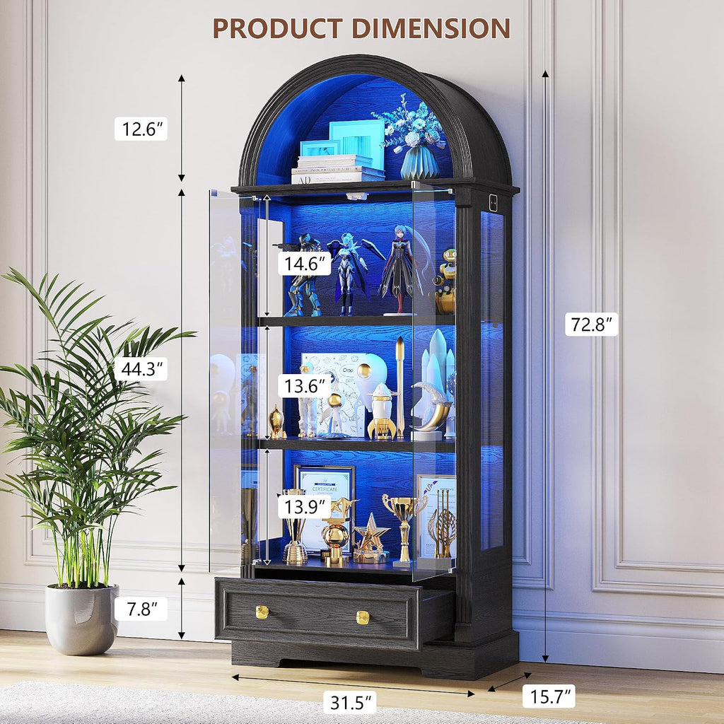 TAGELIER Display Cabinet with Glass Doors, 72' Tall Arched Curio Cabinet with Human Sensor Lights, 4-Tier Glass Display Case for Collectibles Bookcase Living Room Office, Black