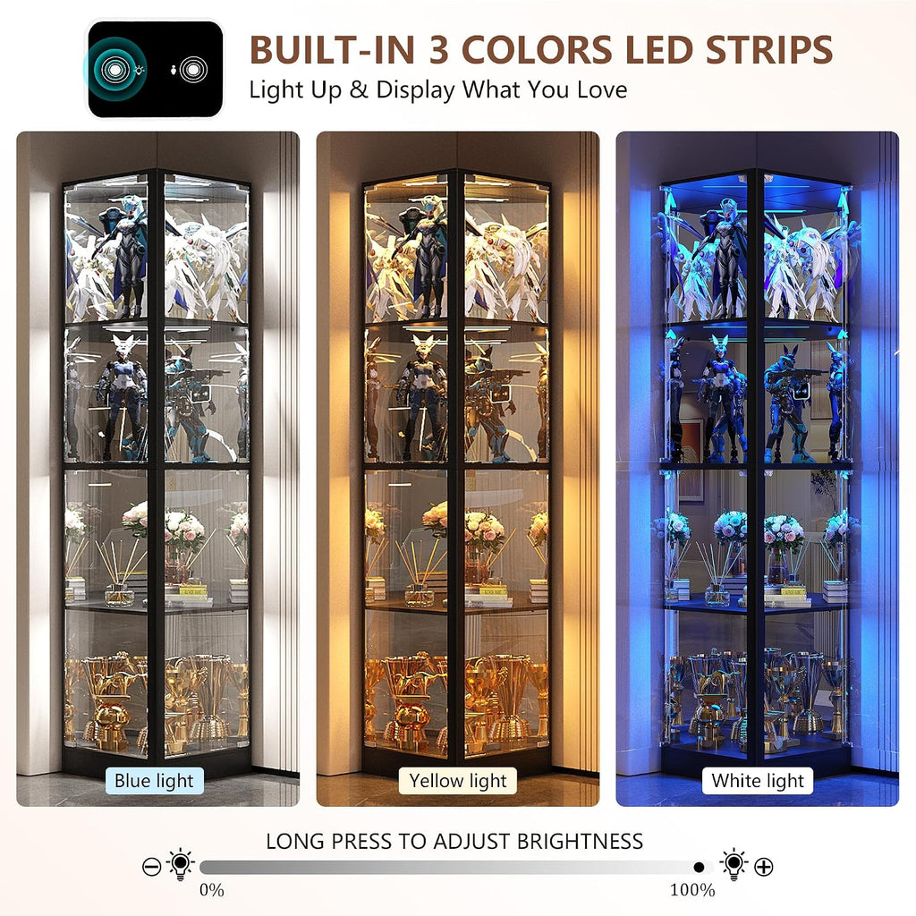 Corner Display Cabinet with Glass Doors, 4 Tier Corner Shelf with LED Lights, 68' Display Case for Collectibles, Toys, Books, Curio Storage Cabinet, Black