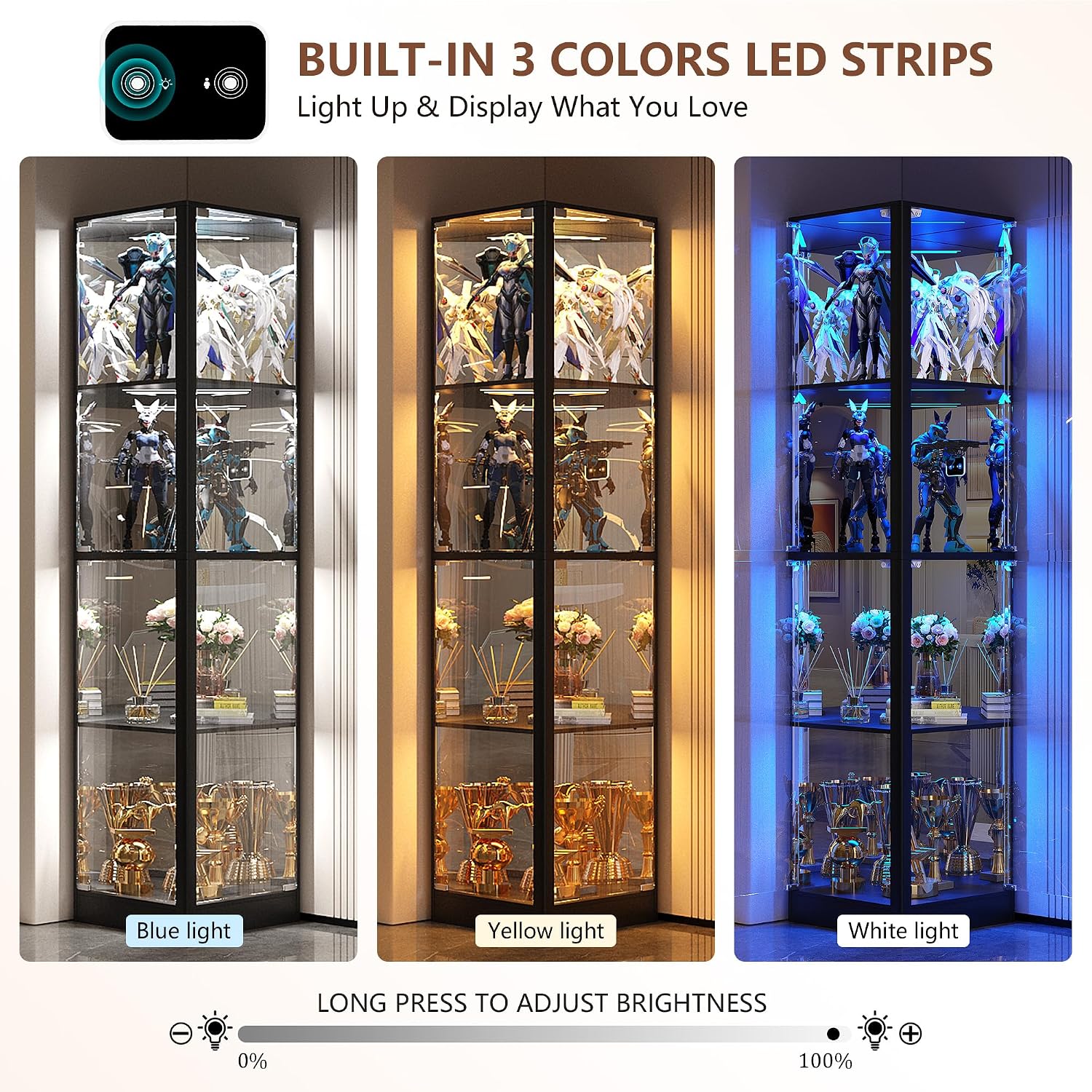Corner Display Cabinet with Glass Doors, 4 Tier Corner Shelf with LED Lights, 68' Display Case for Collectibles, Toys, Books, Curio Storage Cabinet, Black