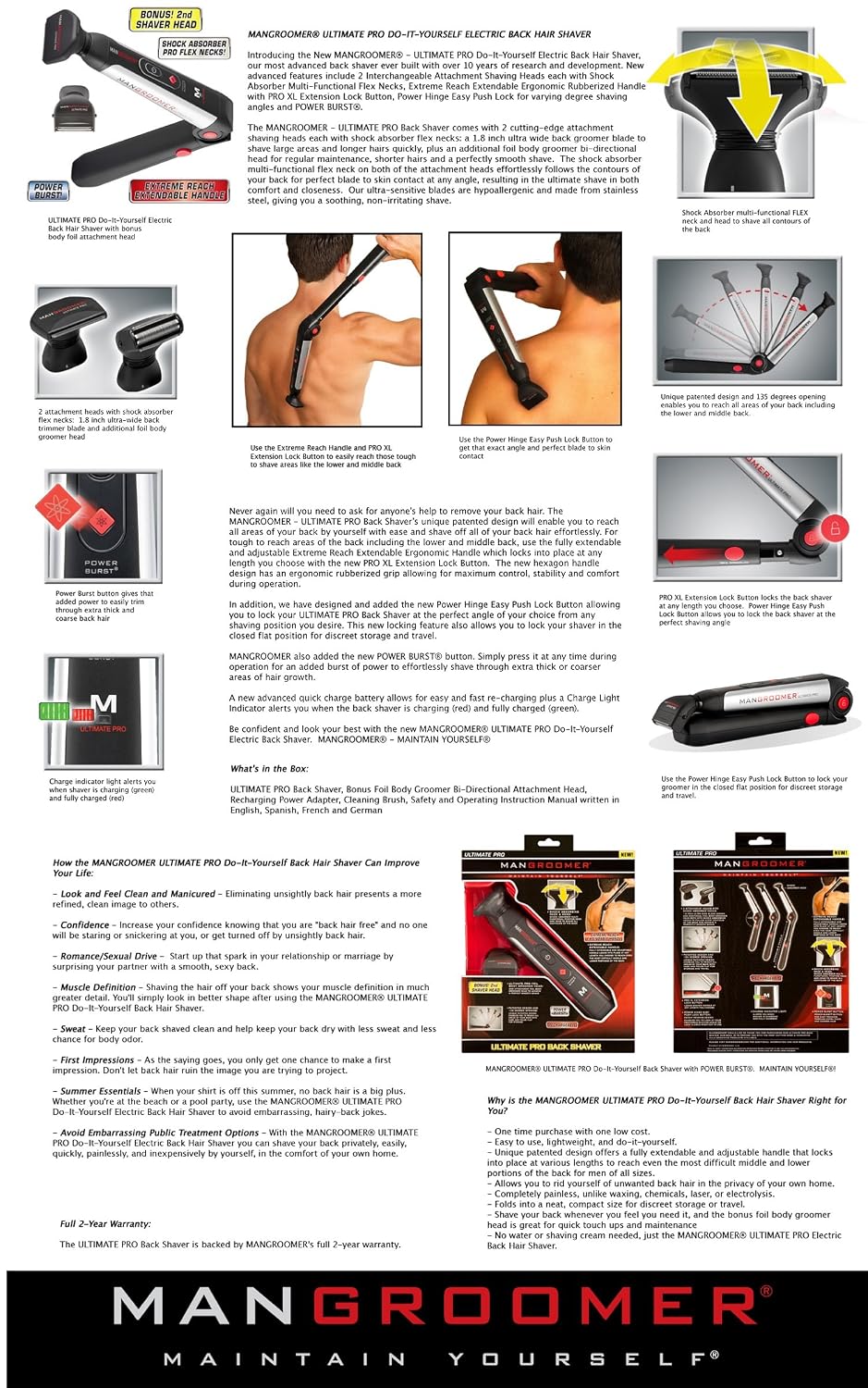 MANGROOMER Ultimate Pro Back Shaver with 2 Shock Absorber Flex Heads, Black and Red, 1 Count