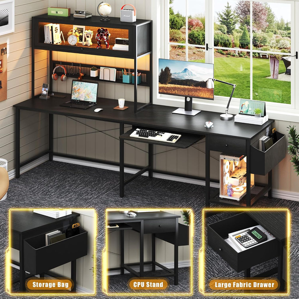 L Shaped Gaming Desk with Power Outlets & LED Lights, 49'' Reversible Computer Desk with Hutch & Pegboard & Display Cabinet, Corner Home Office Desk with Drawer & Keyboard Tray & Storage Bag, Black