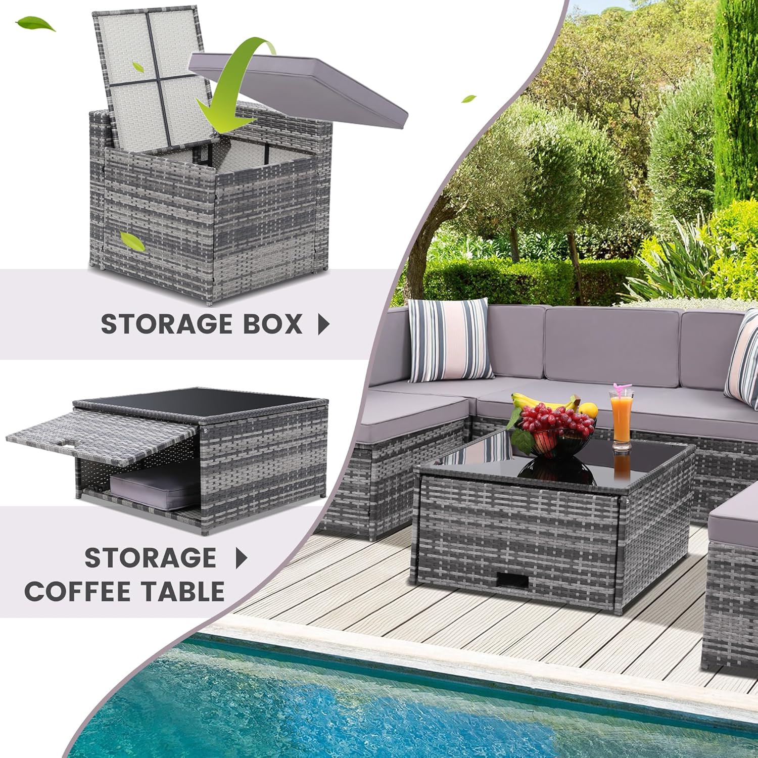 KROFEM 8-Piece Patio Furniture Set, Outdoor Wicker Rattan Sectional with Thick Cushions, Glass Top Table with Hidden Storage, Outdoor Conversation Set for Backyard, Porch, Patio, Grey