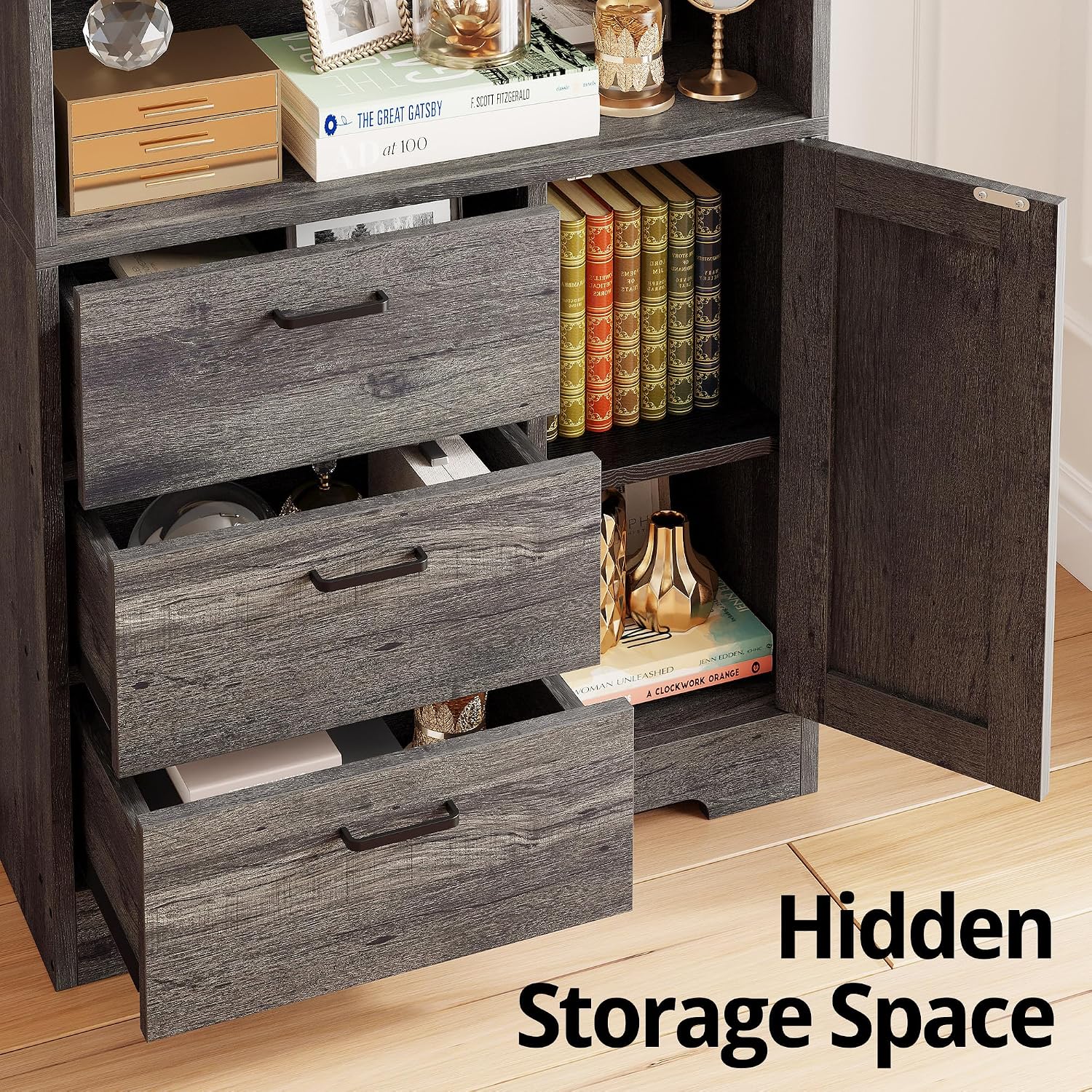 IRONCK Bookshelf with Door and 3 Drawers, 71in Tall Bookcase Shelf with 3-Tier Shelves, for Bedroom Living Room Entrance Hallway Home Office