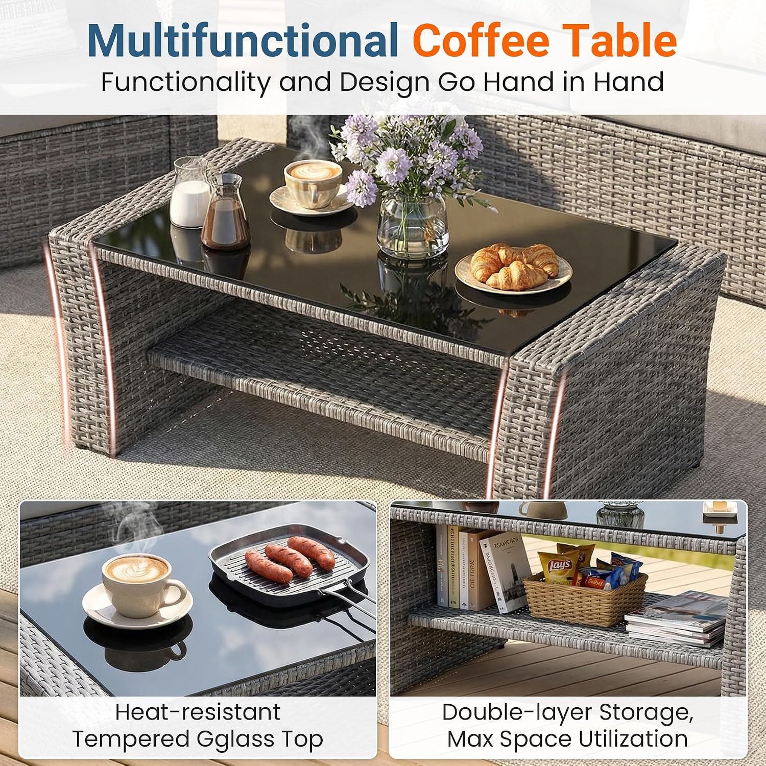 Wisteria Lane Patio Furniture Set, Wicker Outside Outdoor Furniture for All Weather, Patio Sofa with High Backrest Support and Wide Armrest for Backyard, Balcony, Deck, Porch, Black