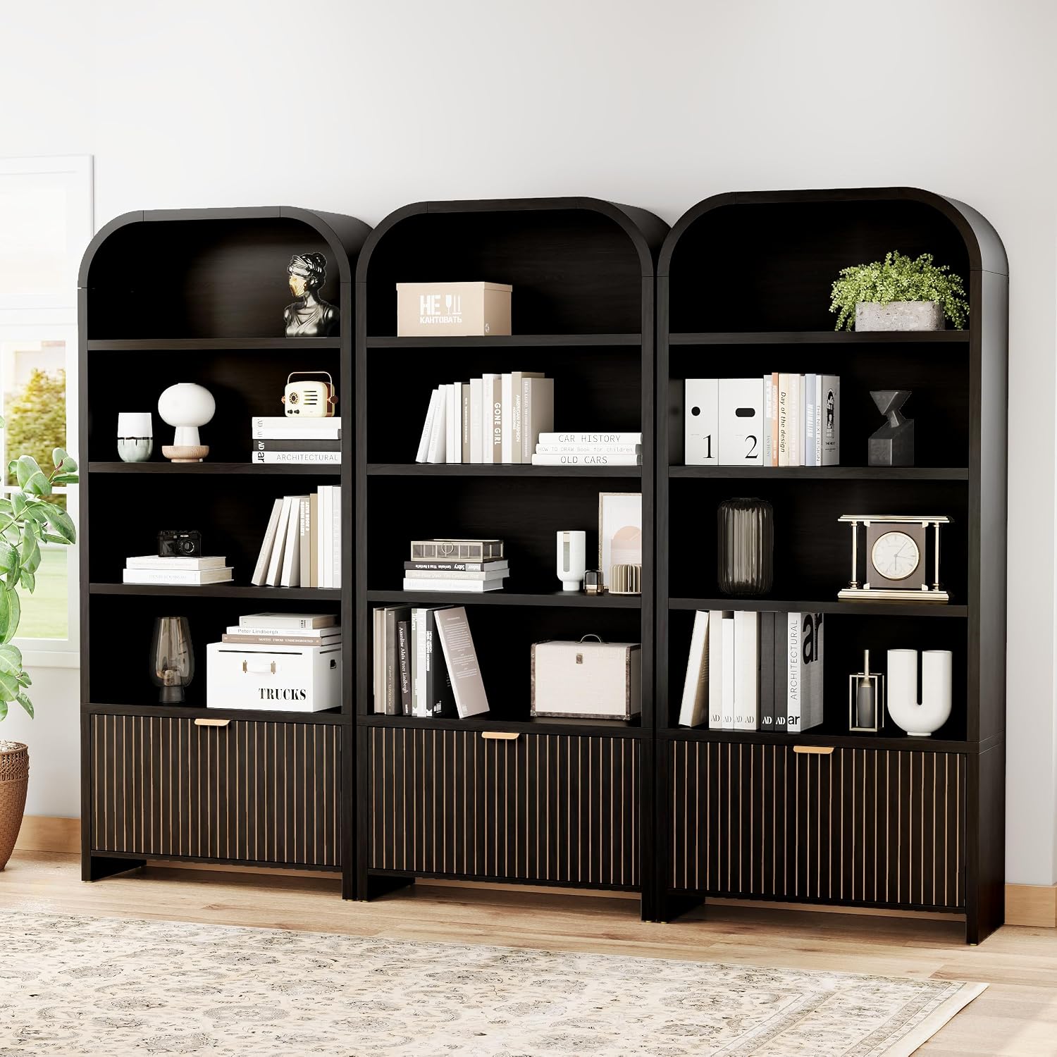 LEVNARY Arched Bookcase with Drawer, 70' Tall 5-Tier Bookshelf with Fluted Carved Drawer, Freestanding Display Storage Cabinet for Living Room Bedroom Home Office (Black)