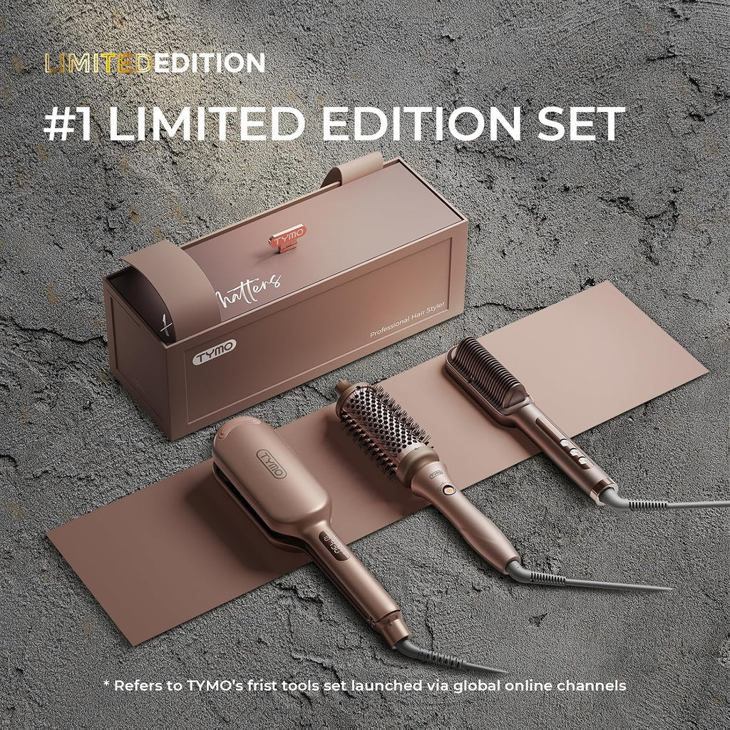 TYMO Limited Edition Styling Set - Include TYMO ROVY Hair Crimper Wave Curling Iron & Ring Plus Straightener Brush & STYLUX Thermal Brush, 3 in 1 Ionic Hair Curler Tool Set for Women