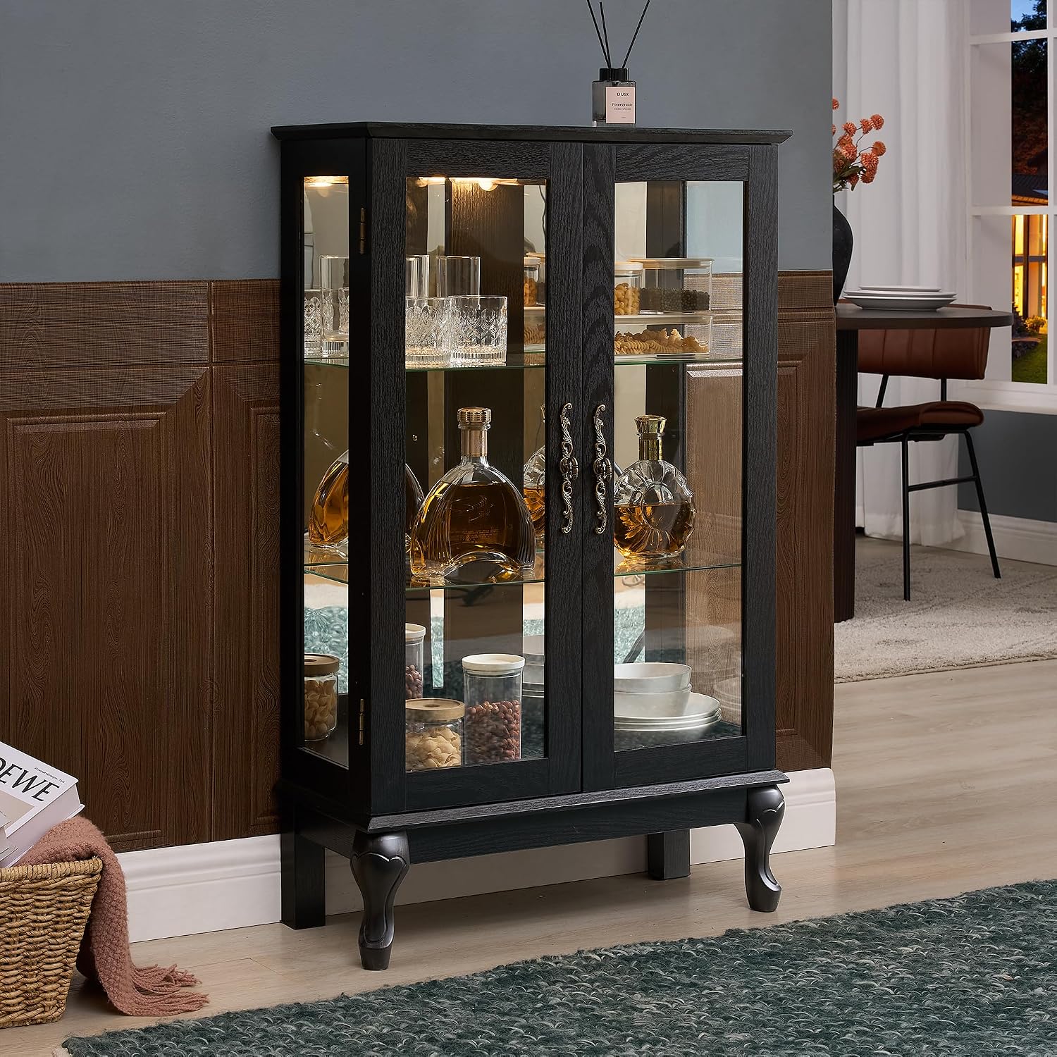 43' H Lighted Glass Curio Display Cabinet, 3-Tier Glass Accent Storage Cabinet Curio Showcase w/Adjustable Shelves,Wine Artwork Storage Rack w/Mirrored Back Panel for Living Room(Black)