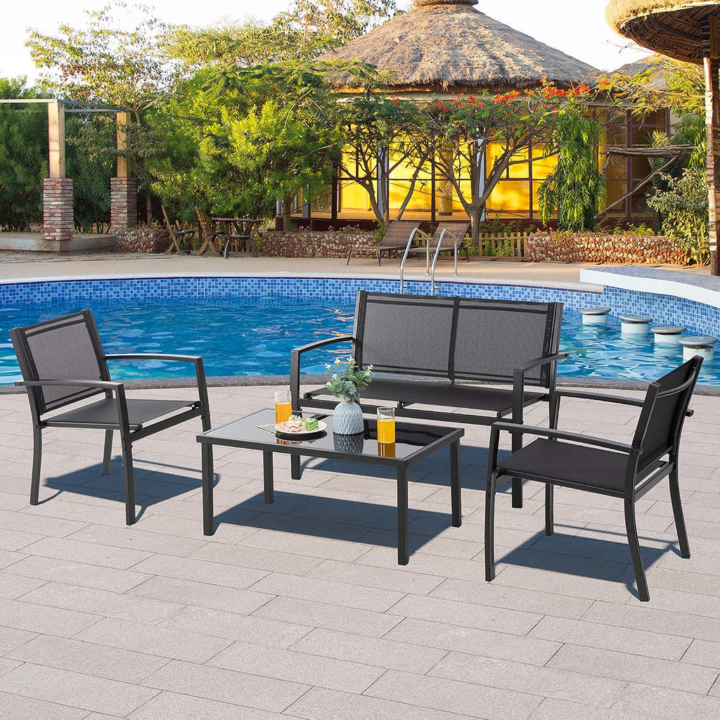 Vongrasig 4 Pieces Patio Furniture Sets,Outdoor Patio Conversation Sets with Glass Coffee Table, Small Porch Balcony Furniture, Patio Table and Chairs Set for Garden, Backyard (Black)