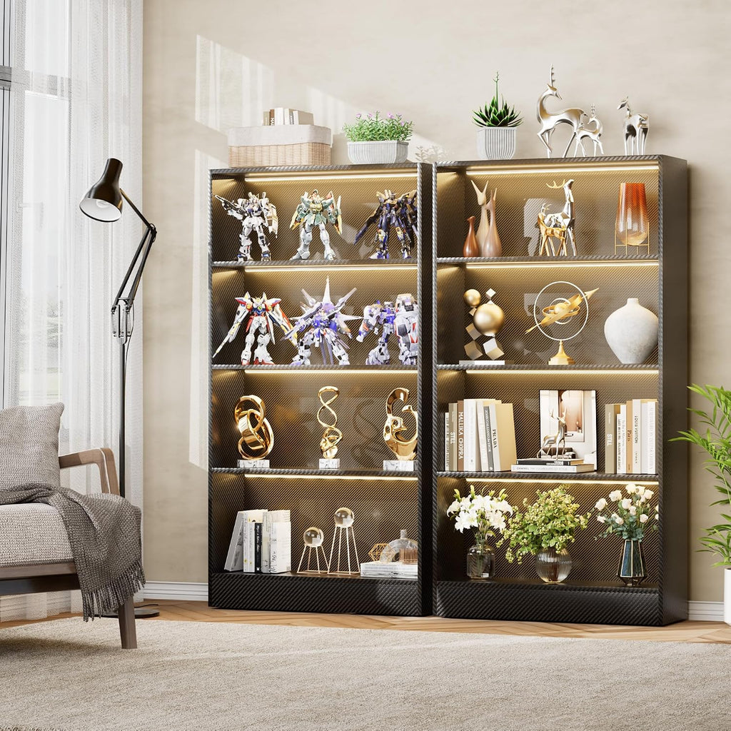 CODACE Tall Wooden Black Bookshelf - Display Shelf with LED Lights, Lighted Book Shelf with 4-Tier Shelves,Large Display Bookshelves for Collectibles, Modern Bookcase for Bedroom, Living Room, Office