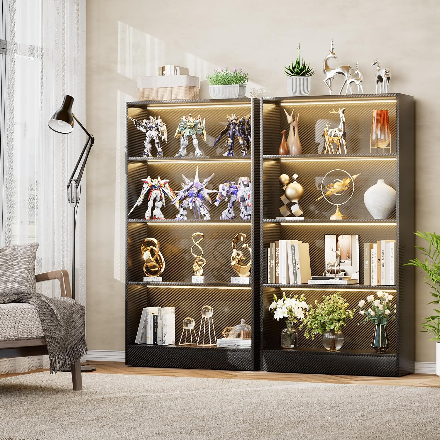 CODACE Tall Wooden Black Bookshelf - Display Shelf with LED Lights, Lighted Book Shelf with 4-Tier Shelves,Large Display Bookshelves for Collectibles, Modern Bookcase for Bedroom, Living Room, Office