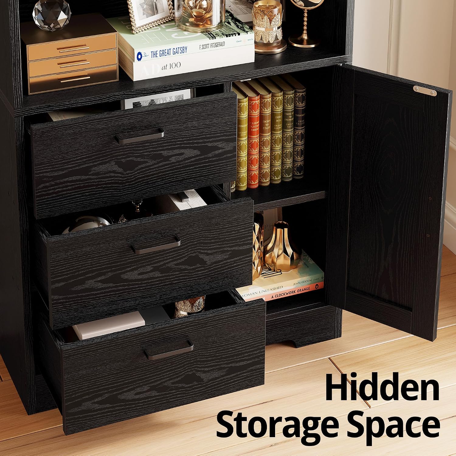 IRONCK Bookshelf with Drawers, 71 in Tall Bookcase with Doors and 3-Tier Shelves, for Bedroom Living Room Entrance Hallway Home Office