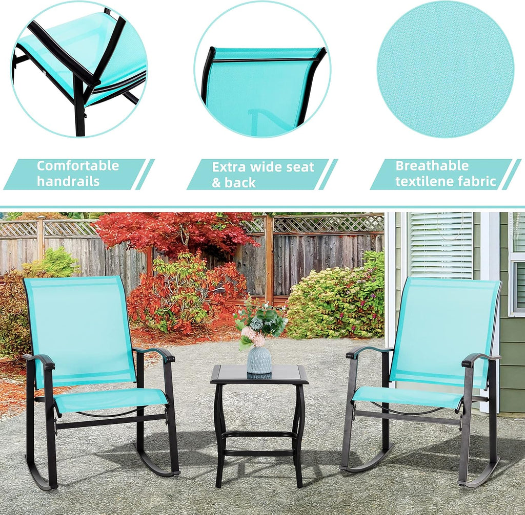 Vongrasig 3 Piece Outdoor Rocking Bistro Set, Textilene Fabric Small Patio Furniture Set, Front Porch Rocker Chairs Conversation Set with Glass Table for Lawn, Garden, Balcony, Poolside (Blue)