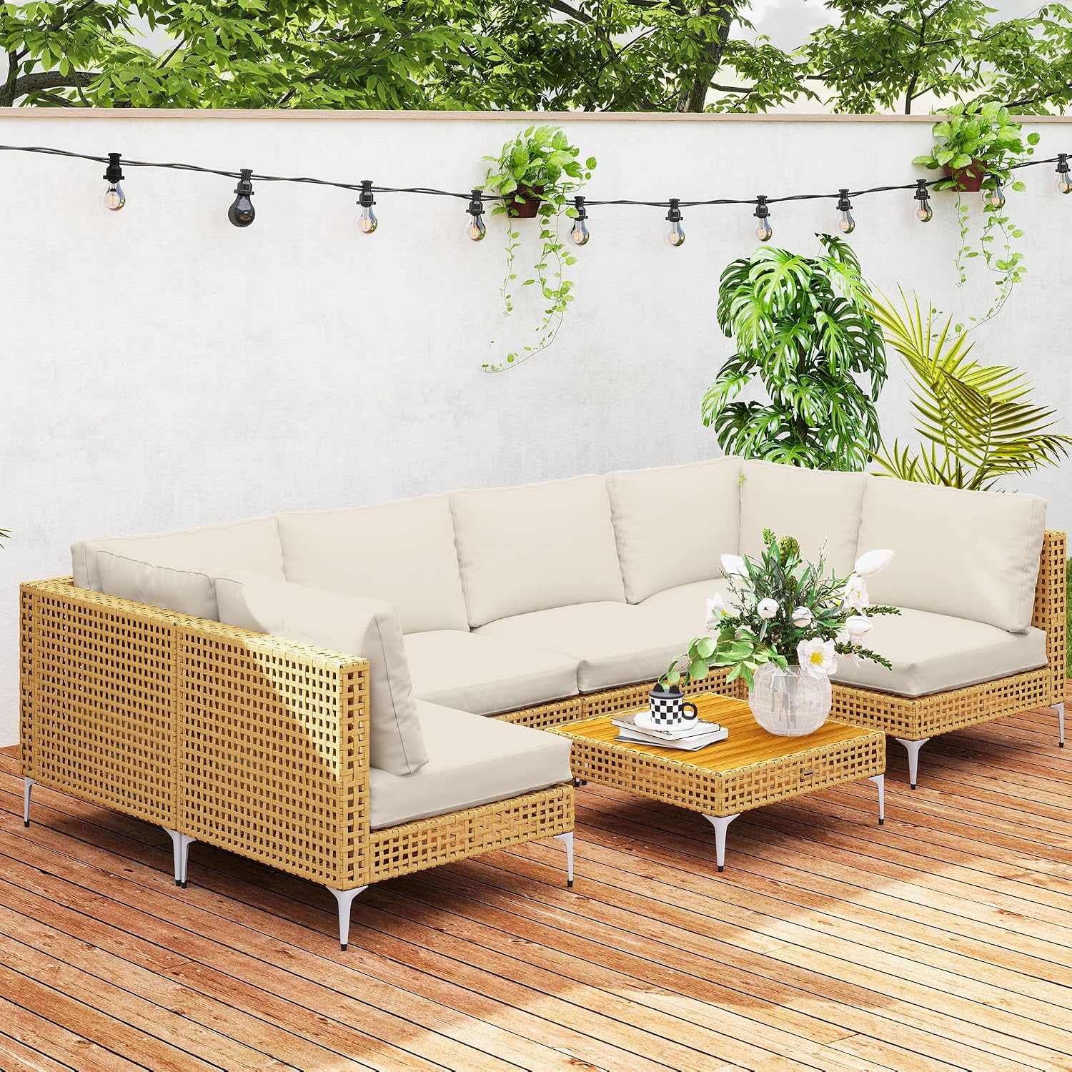 Outsunny 7 Piece Wicker Patio Furniture Set, Modular Outdoor Sectional with Thickened Cushions, Rattan Outdoor Furniture Conversation Set with Slatted Acacia Wood Table for Backyard, Khaki/Beige